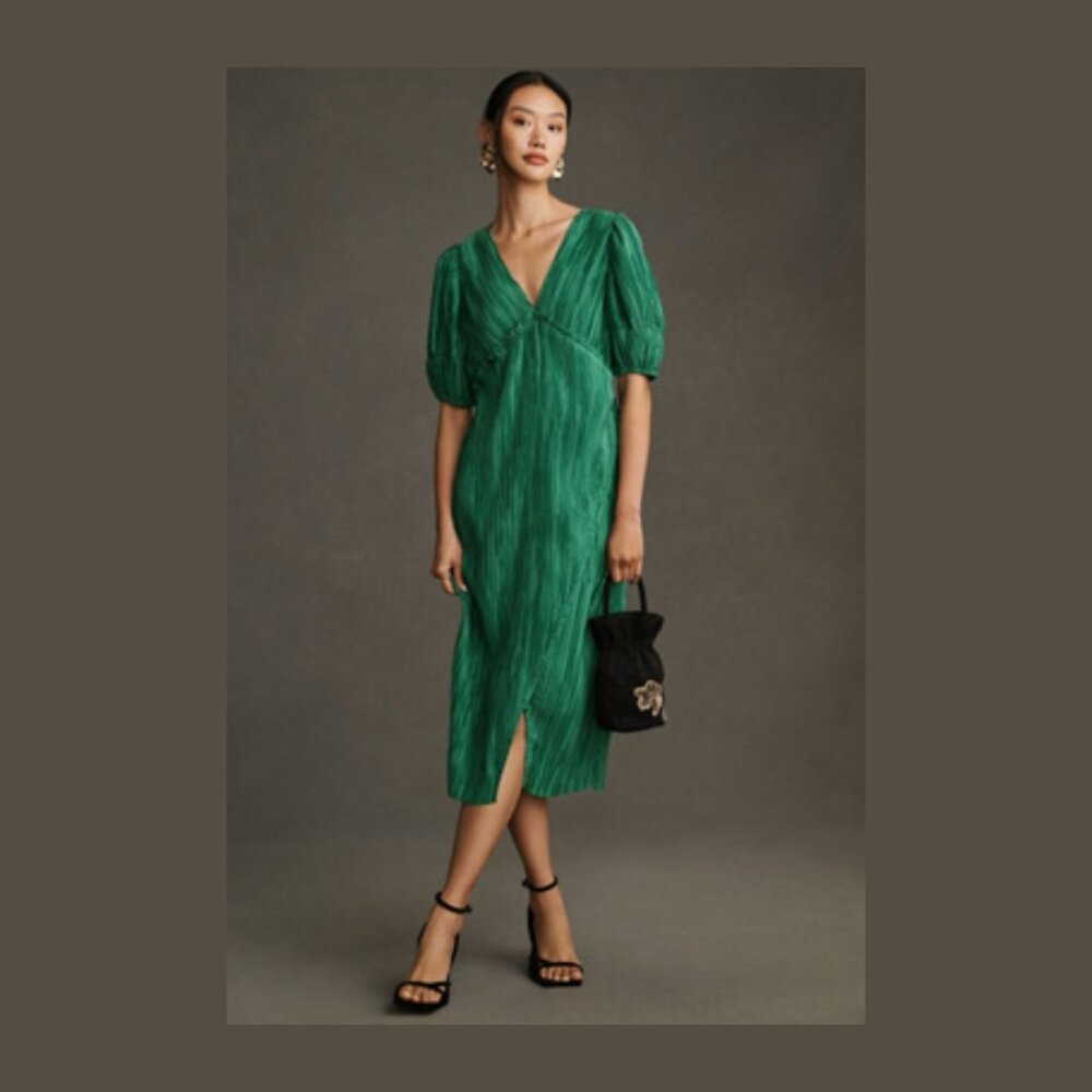 By Anthropologie V-Neck Pleated Slim Midi Dress (GREEN)